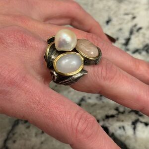Styliano Triple Stone Pearl and Moonstone Statement Ring - White and Cream